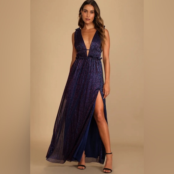Lulu’s Spotlight on You Blue and Pink Metallic Maxi Dress - Picture 1 of 2